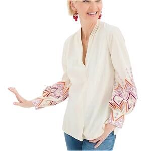 CHICOS Women’s Boho Embroidered Balloon Sleeve Popover Vneck Top